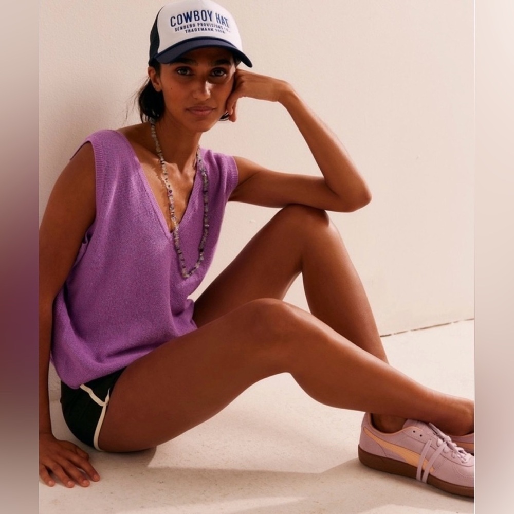 Free People Beach Lavender Blue Knit V-Neck Sleeveless Top Breathable Vacation
